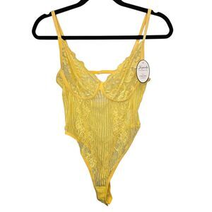 NWT Joyaria Womens Medium Sheer Lace Floral Mesh Thong  Bodysuit Yellow